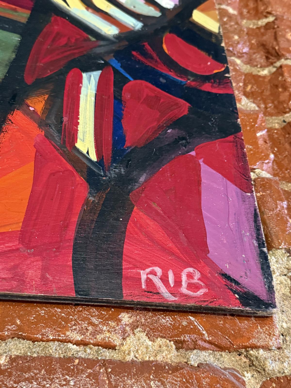 Pictură modernistă pe panou din lemn, semnată RIB, cu două personaje redate într-o compoziție cu influențe cubiste. bucuresti