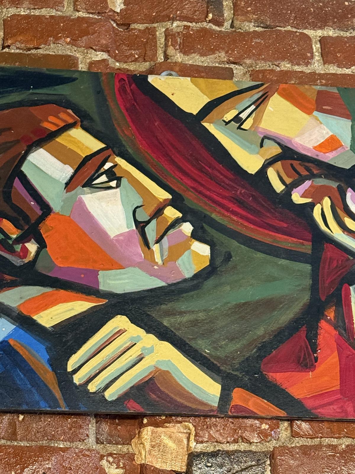 Pictură modernistă pe panou din lemn, semnată RIB, cu două personaje redate într-o compoziție cu influențe cubiste. bucuresti