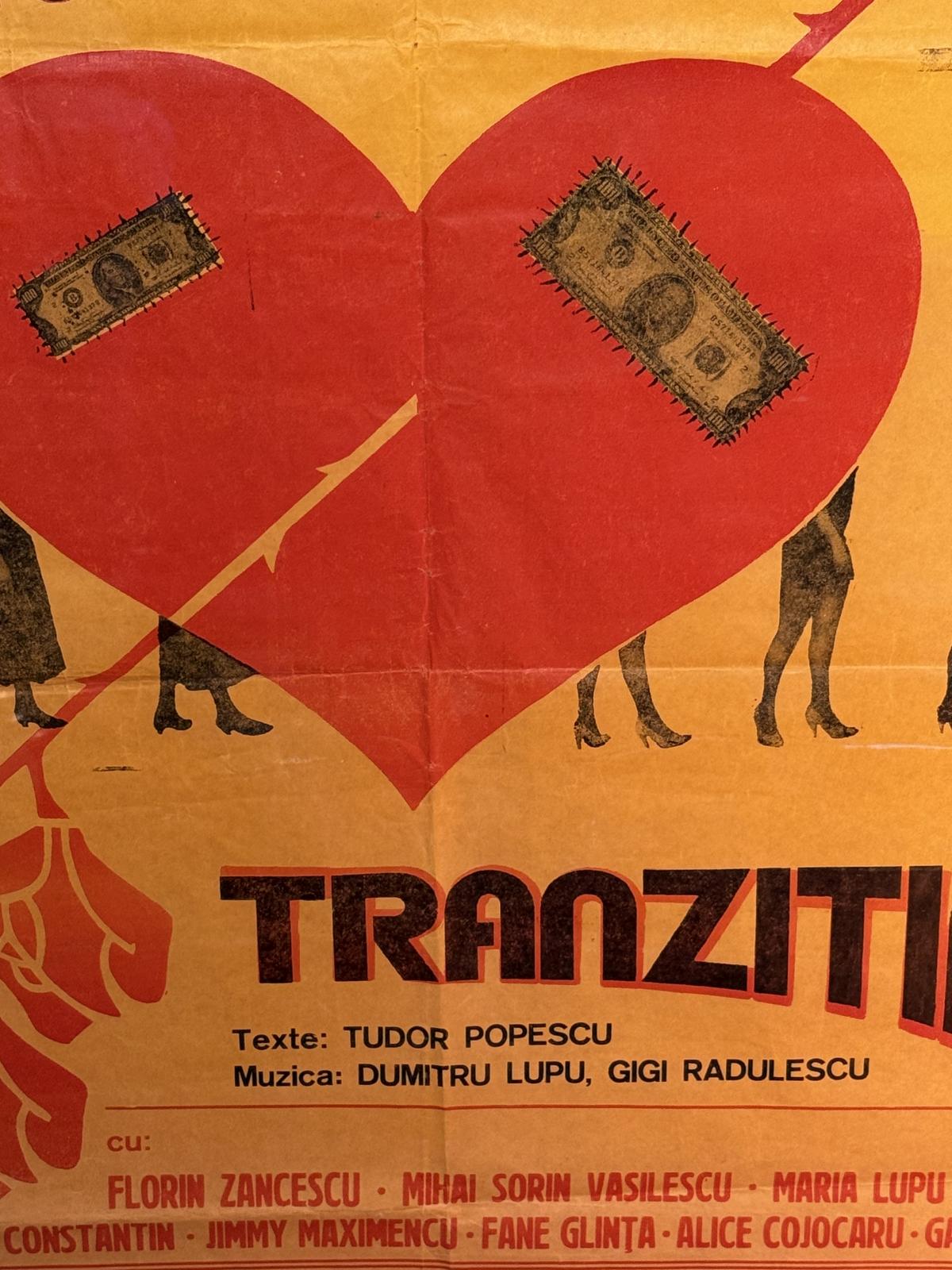 Afiș al Teatrului „Fantasio” Constanța pentru revista muzicală „Dragostea și… tranziția”. Înrămat profesional, 71,5 × 102 cm.