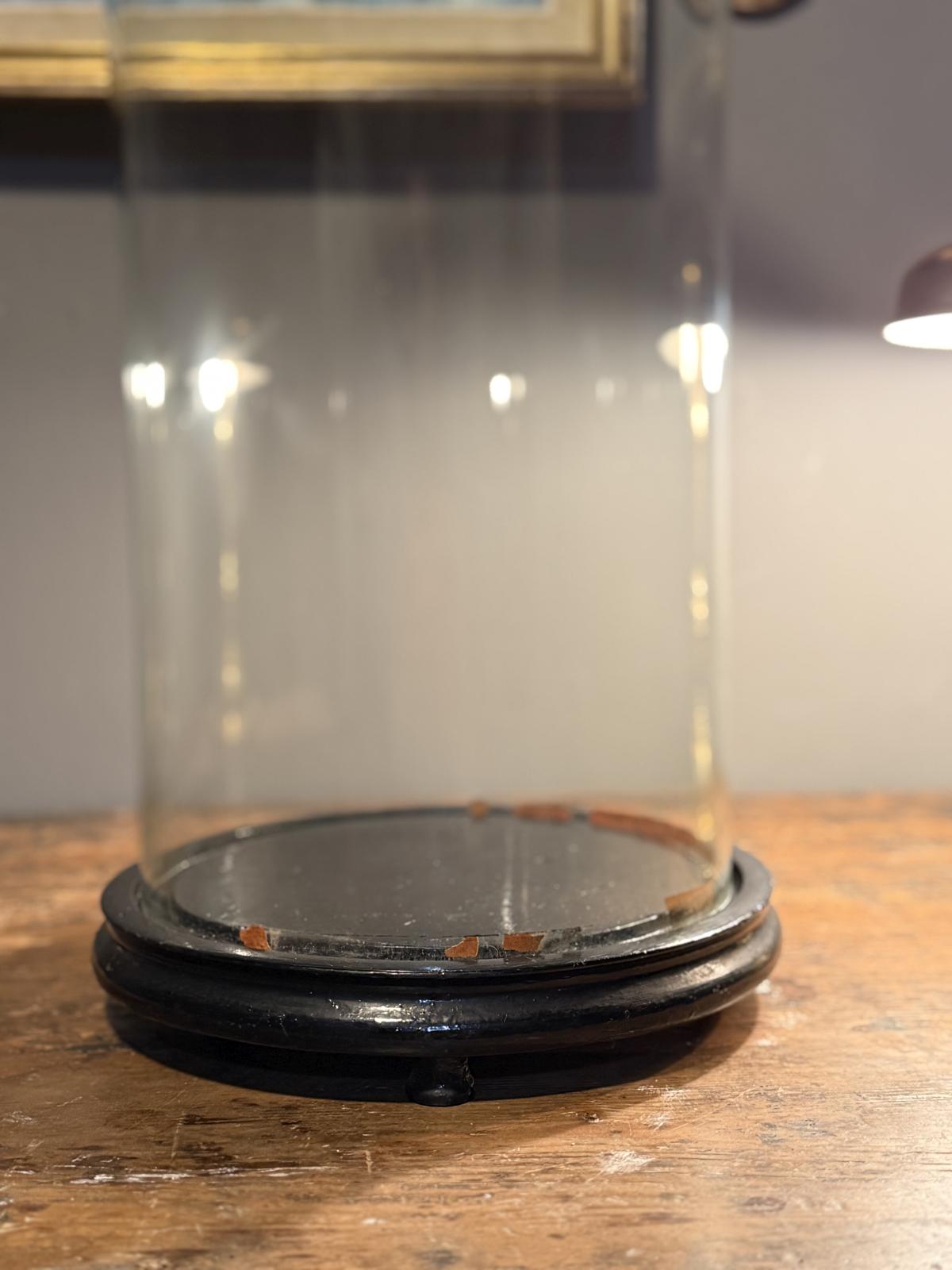 Clopot vechi din sticlă cu bază din lemn negru, autentic și păstrat în stare foarte bună. Înălțime totală de 53,5 cm.