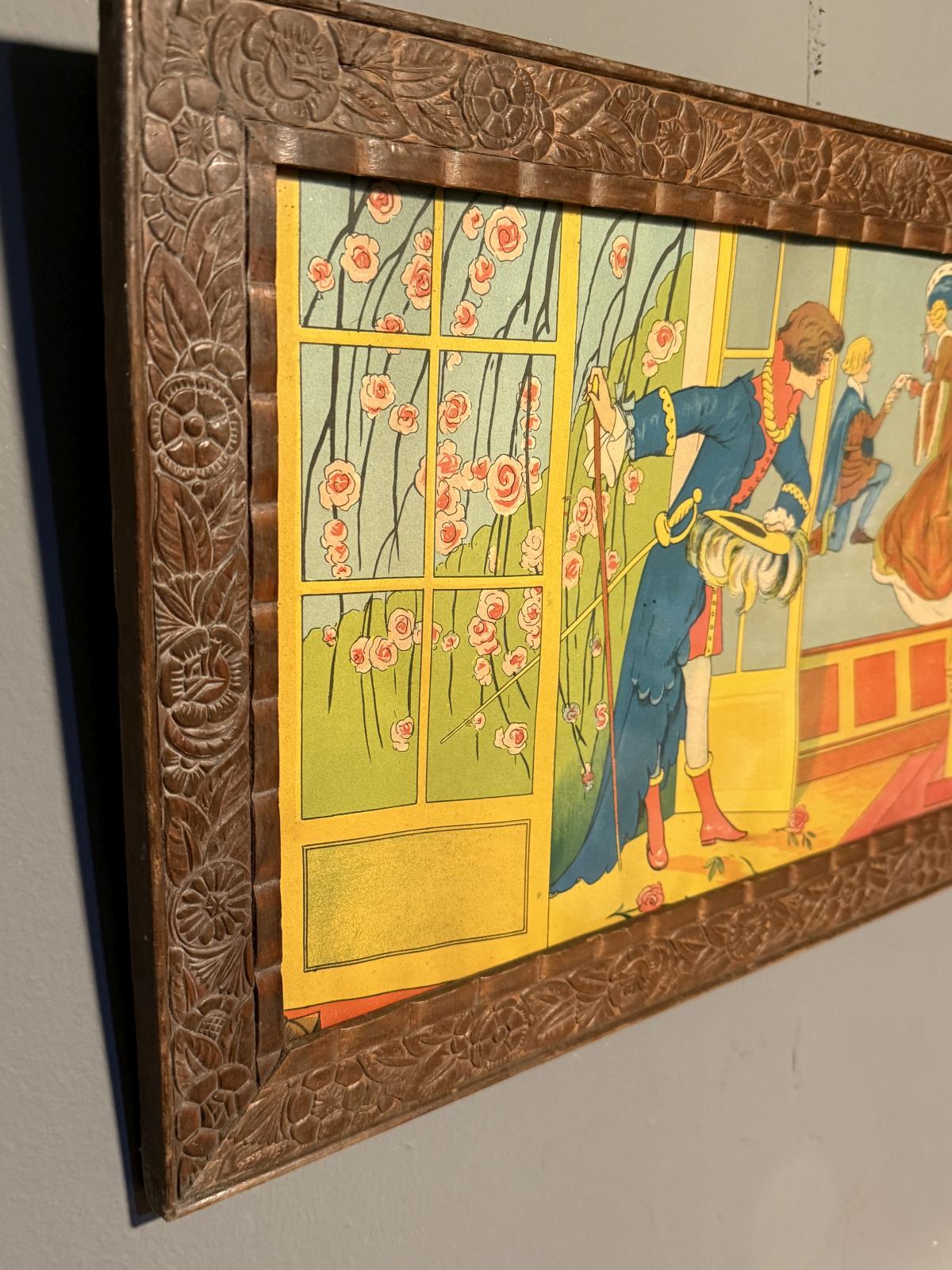Veche cromolitografie franceză inspirată de „La Belle au bois dormant”, datată aproximativ 1900–1930 și păstrată într-o ramă decorată.