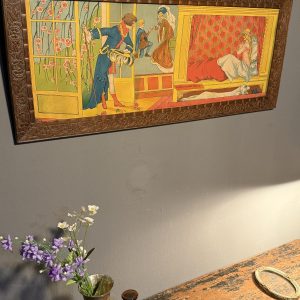 Veche cromolitografie franceză inspirată de „La Belle au bois dormant”, datată aproximativ 1900–1930 și păstrată într-o ramă decorată.