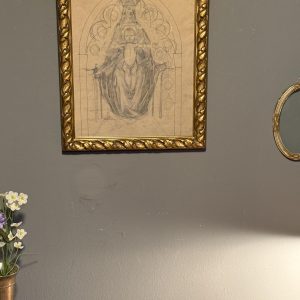 Studiu italian în creion cu Fecioara și Pruncul, probabil din anii 1920, prezentat într-o ramă mai veche cu decor auriu.