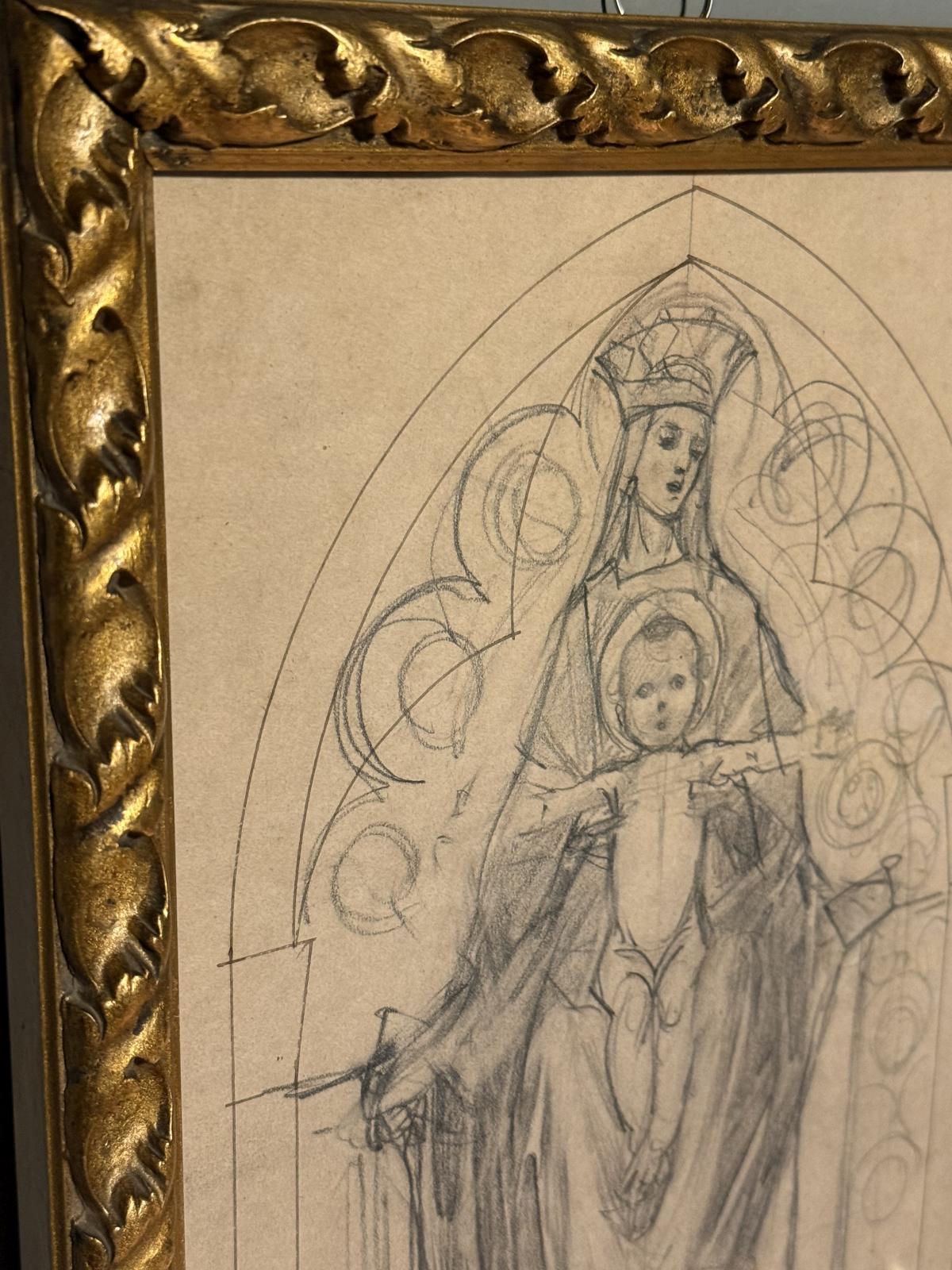 Studiu italian în creion cu Fecioara și Pruncul, probabil din anii 1920, prezentat într-o ramă mai veche cu decor auriu.