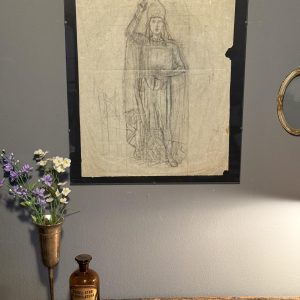 Desen italian în creion reprezentând un personaj religios cu mitră și carte, realizat pe hârtie subțire. Înrămat, 40 × 50 cm.