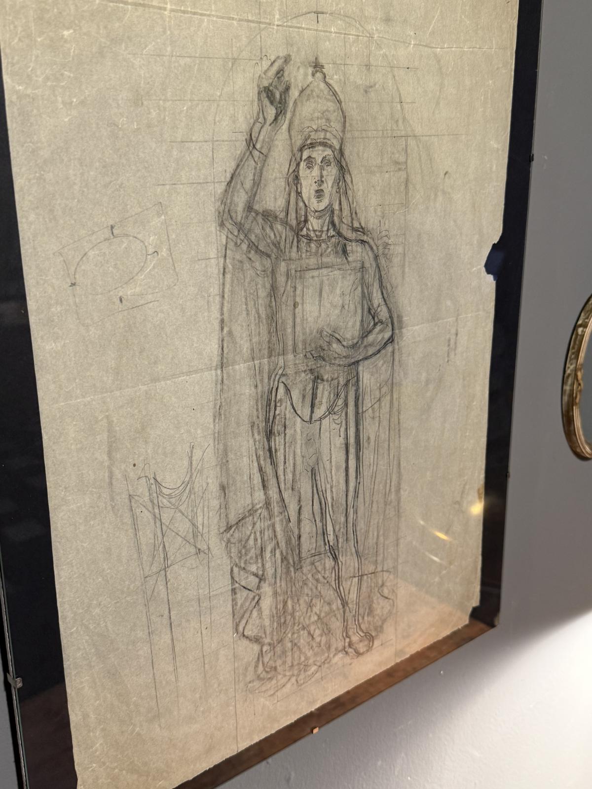 Desen italian în creion reprezentând un personaj religios cu mitră și carte, realizat pe hârtie subțire. Înrămat, 40 × 50 cm.