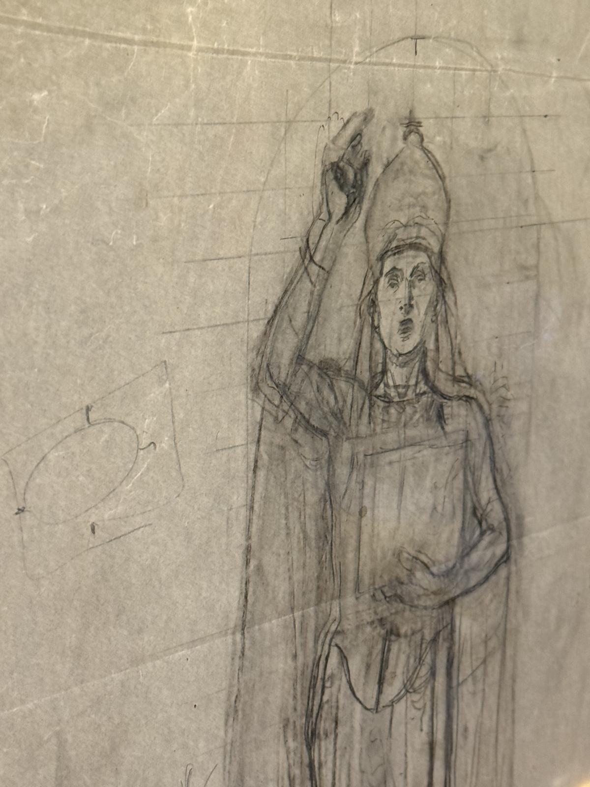 Desen italian în creion reprezentând un personaj religios cu mitră și carte, realizat pe hârtie subțire. Înrămat, 40 × 50 cm.