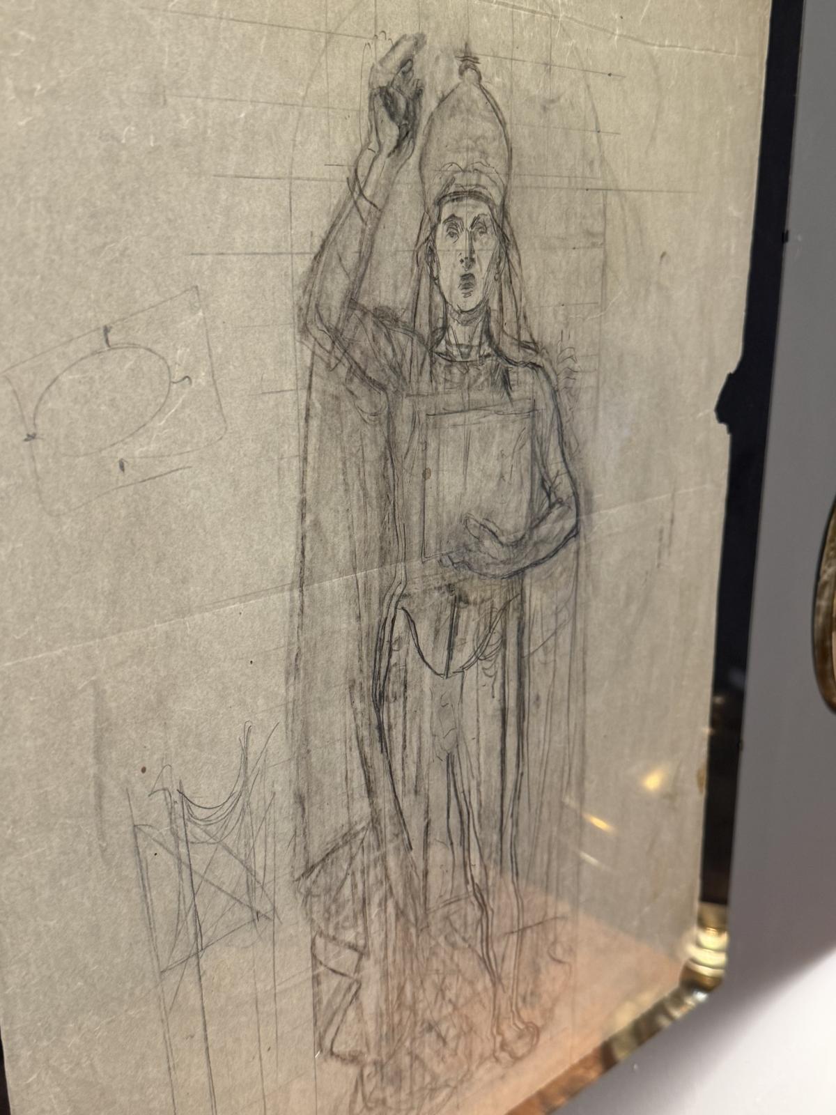 Desen italian în creion reprezentând un personaj religios cu mitră și carte, realizat pe hârtie subțire. Înrămat, 40 × 50 cm.