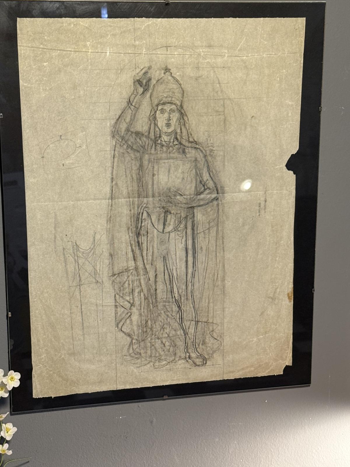 Desen italian în creion reprezentând un personaj religios cu mitră și carte, realizat pe hârtie subțire. Înrămat, 40 × 50 cm.