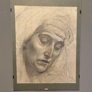 Studiu de chip feminin realizat în cărbune pe hârtie fină, Italia, anii 1920, cu contururi perforate prin tehnica spolvero.