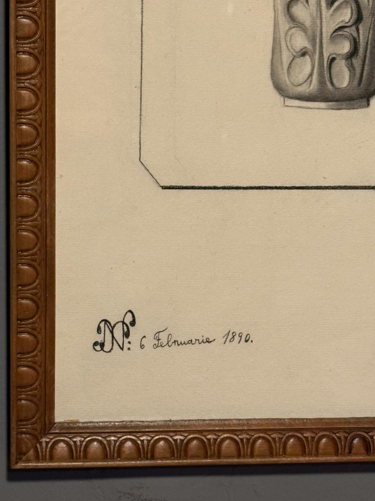 Studiu arhitectural în creion și cărbune, datat 6 februarie 1890 și semnat cu monograma N.P.P., atribuit lui Nicolae Protopopescu-Pake.