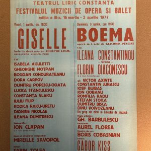 Afiș original al Festivalului Muzicii de Operă și Balet organizat la Teatrul Liric Constanța în 1977, pentru spectacolele Giselle și Boema.