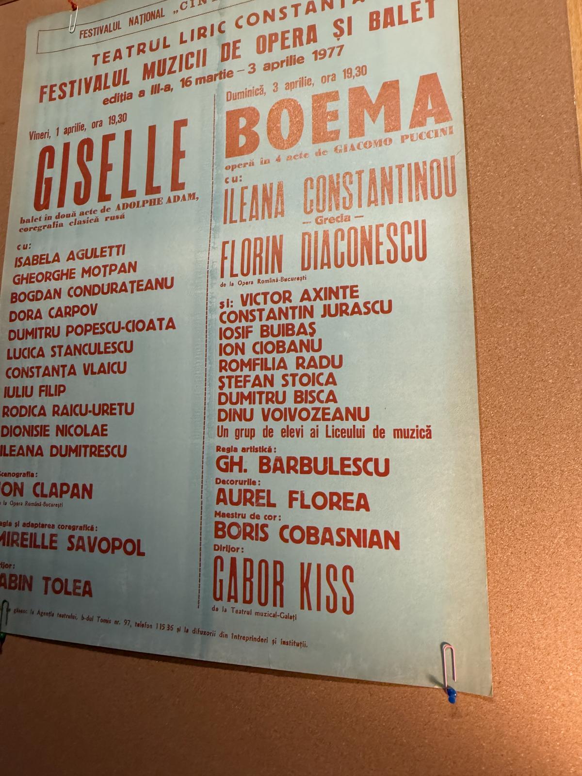Afiș original al Festivalului Muzicii de Operă și Balet organizat la Teatrul Liric Constanța în 1977, pentru spectacolele Giselle și Boema.