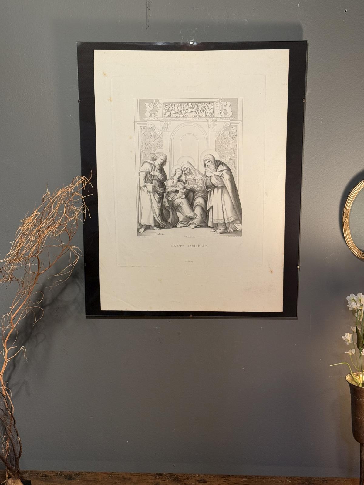 Gravură italiană originală Santa Famiglia, cca. 1840–1860, gravată de Aronne Mauri. Foaie originală 34 × 50 cm, înrămată.