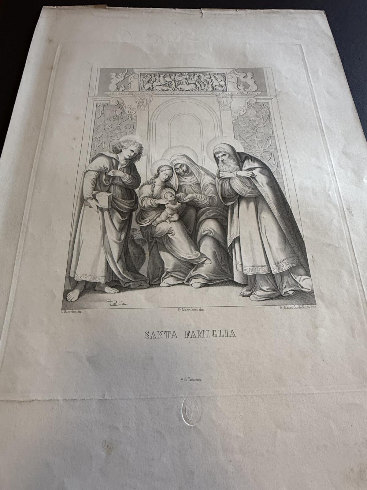Gravură italiană originală Santa Famiglia, cca. 1840–1860, gravată de Aronne Mauri. Foaie originală 34 × 50 cm, înrămată.