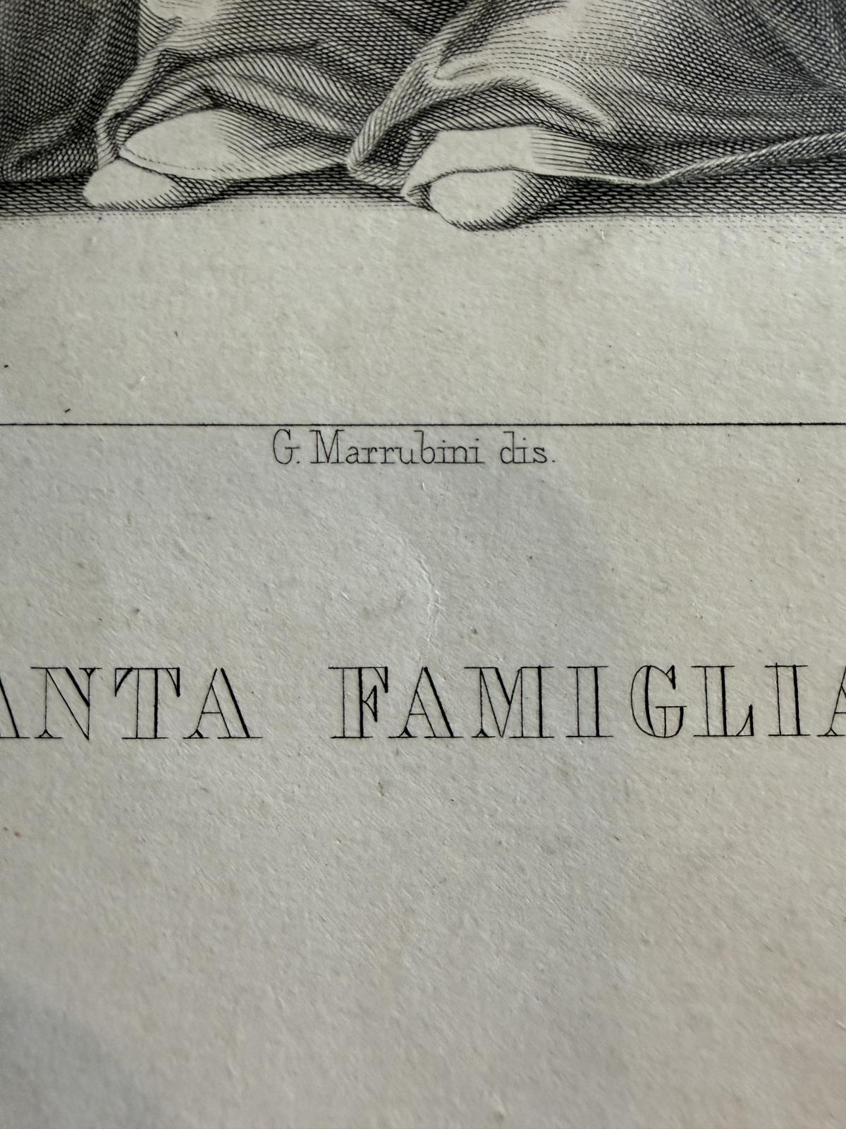 Gravură italiană originală Santa Famiglia, cca. 1840–1860, gravată de Aronne Mauri. Foaie originală 34 × 50 cm, înrămată.