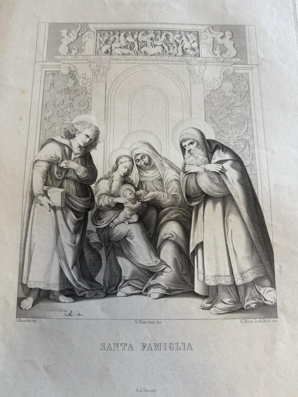 Gravură italiană originală Santa Famiglia, cca. 1840–1860, gravată de Aronne Mauri. Foaie originală 34 × 50 cm, înrămată.