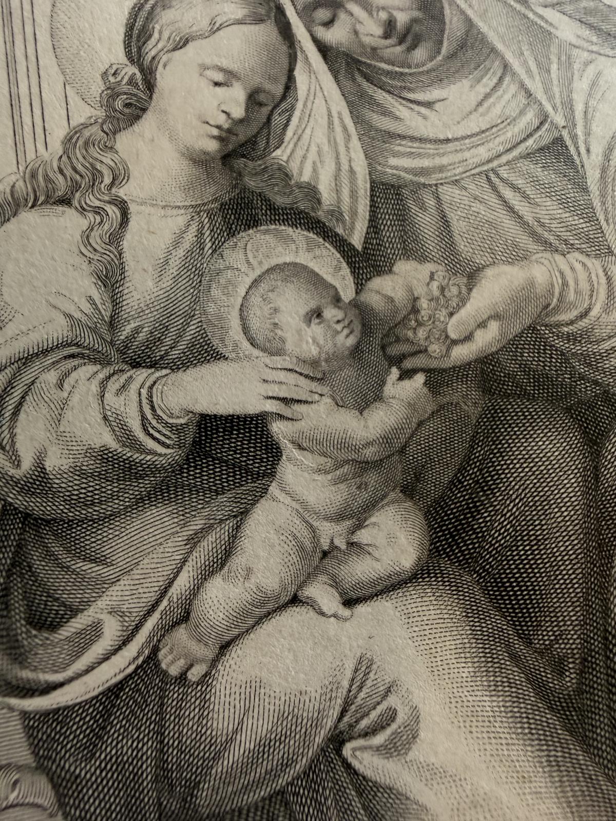Gravură italiană originală Santa Famiglia, cca. 1840–1860, gravată de Aronne Mauri. Foaie originală 34 × 50 cm, înrămată.