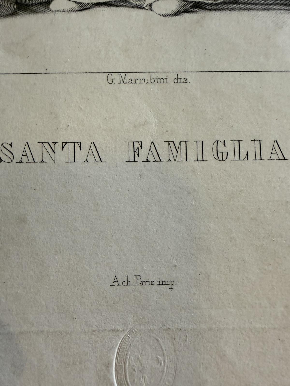 Gravură italiană originală Santa Famiglia, cca. 1840–1860, gravată de Aronne Mauri. Foaie originală 34 × 50 cm, înrămată.