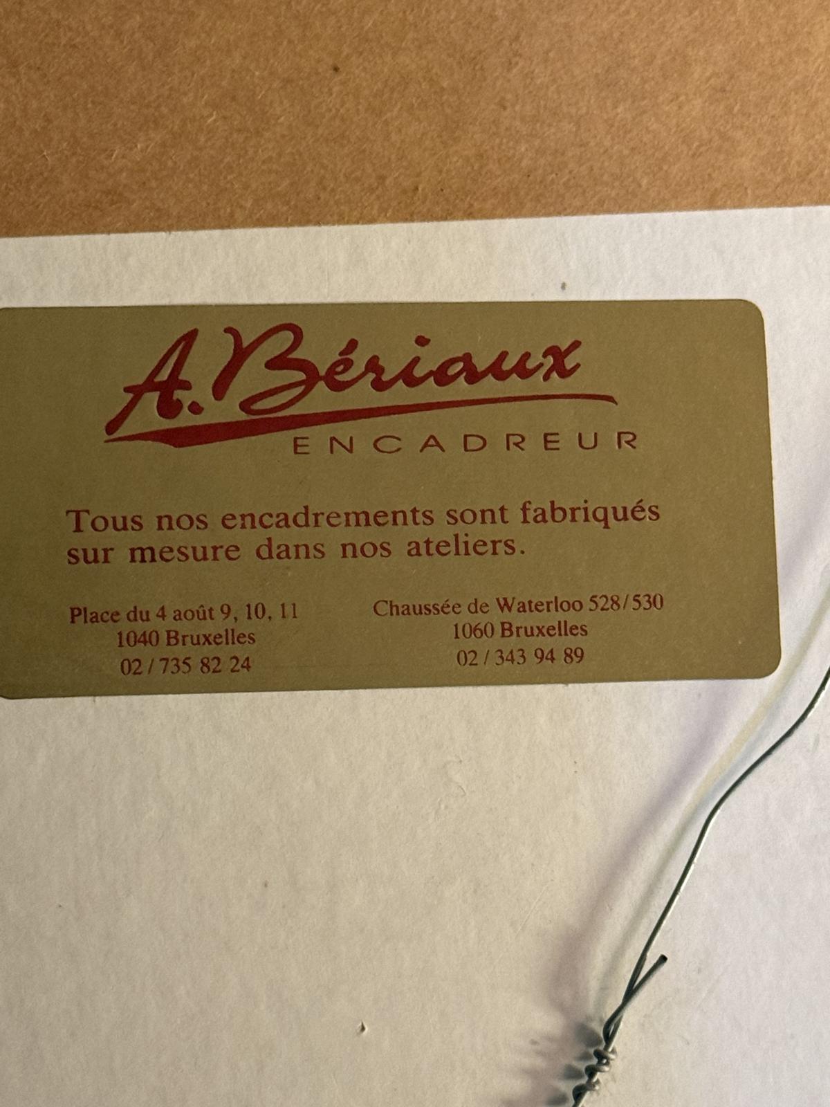 Pictură persană vintage realizată manual pe pânză, cu scenă ecvestră și numeroase personaje, înrămată profesional la Bruxelles.