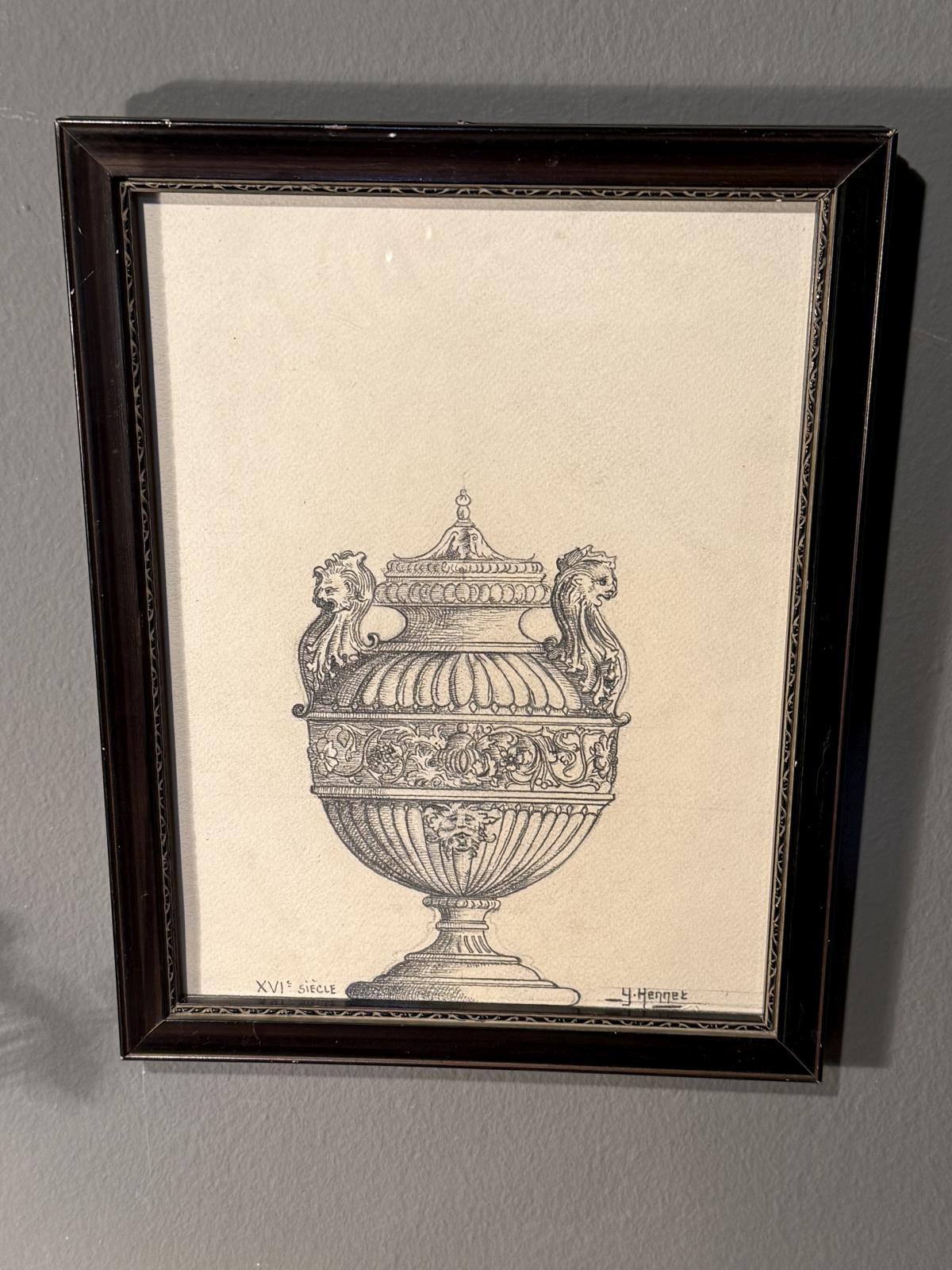 Pereche de desene vechi în creion, cu vase decorative, înrămate sub sticlă. Descoperă-le la Sertar Magic București.