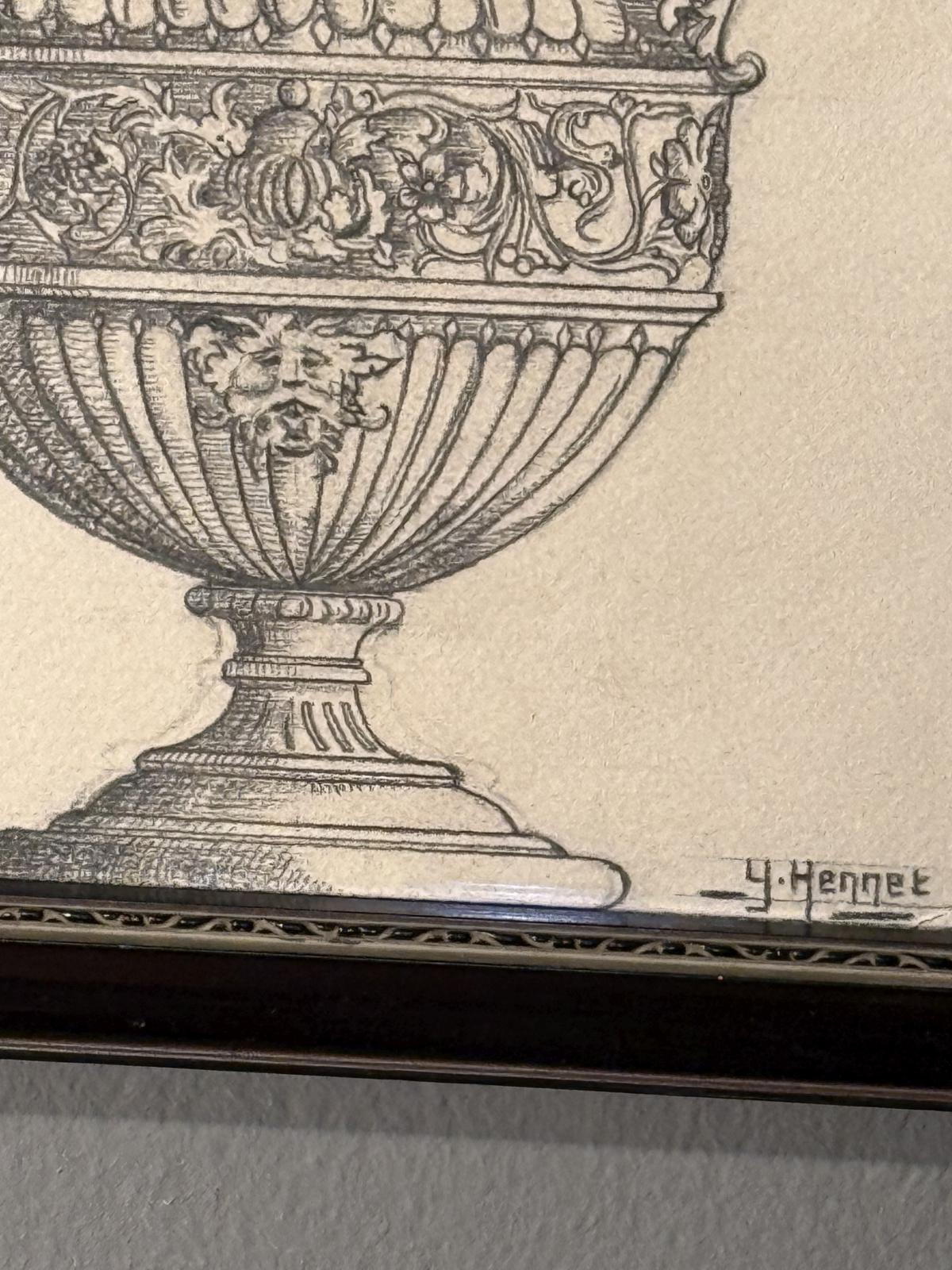 Pereche de desene vechi în creion, cu vase decorative, înrămate sub sticlă. Descoperă-le la Sertar Magic București.