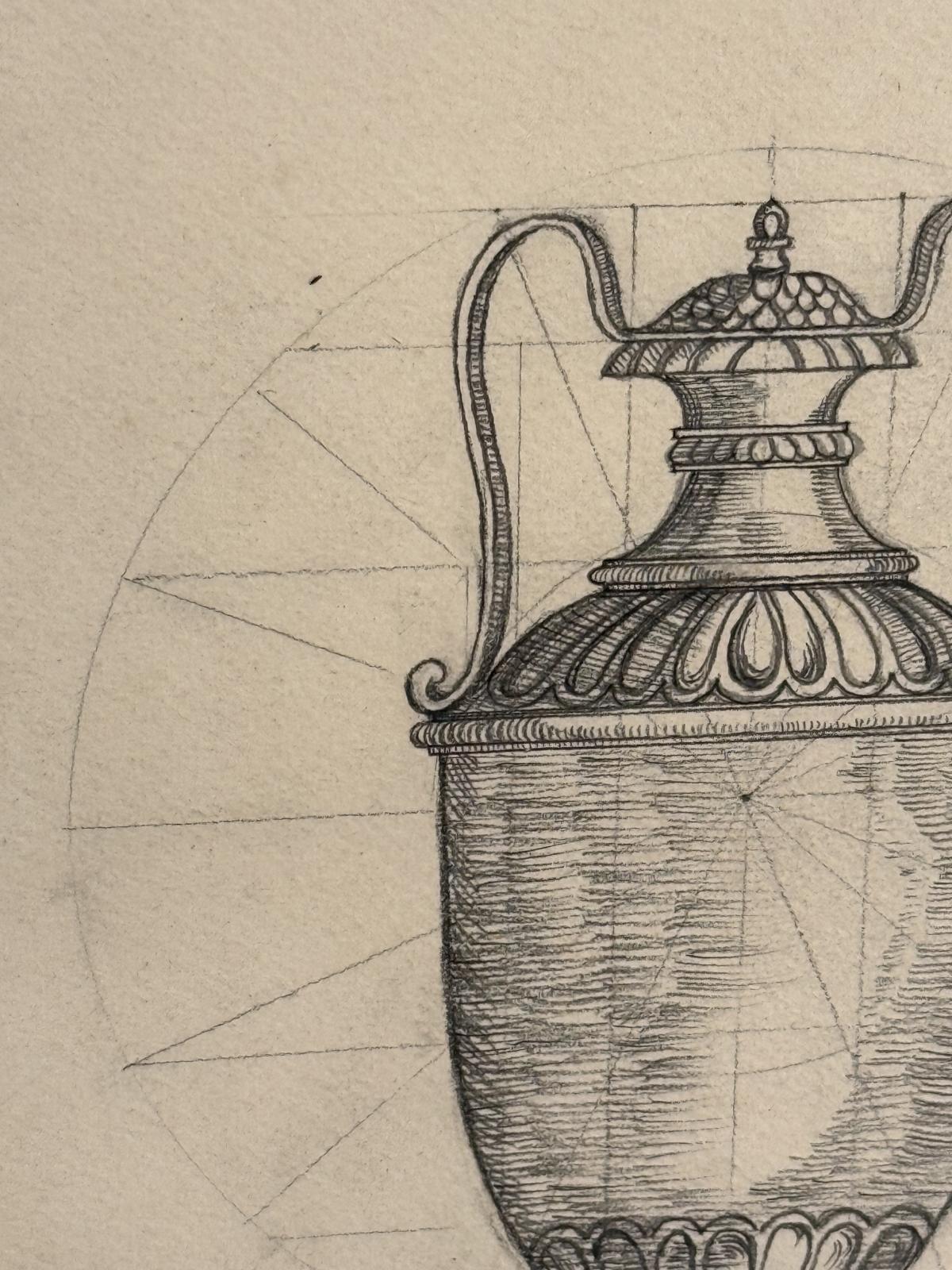 Pereche de desene vechi în creion, cu vase decorative, înrămate sub sticlă. Descoperă-le la Sertar Magic București.