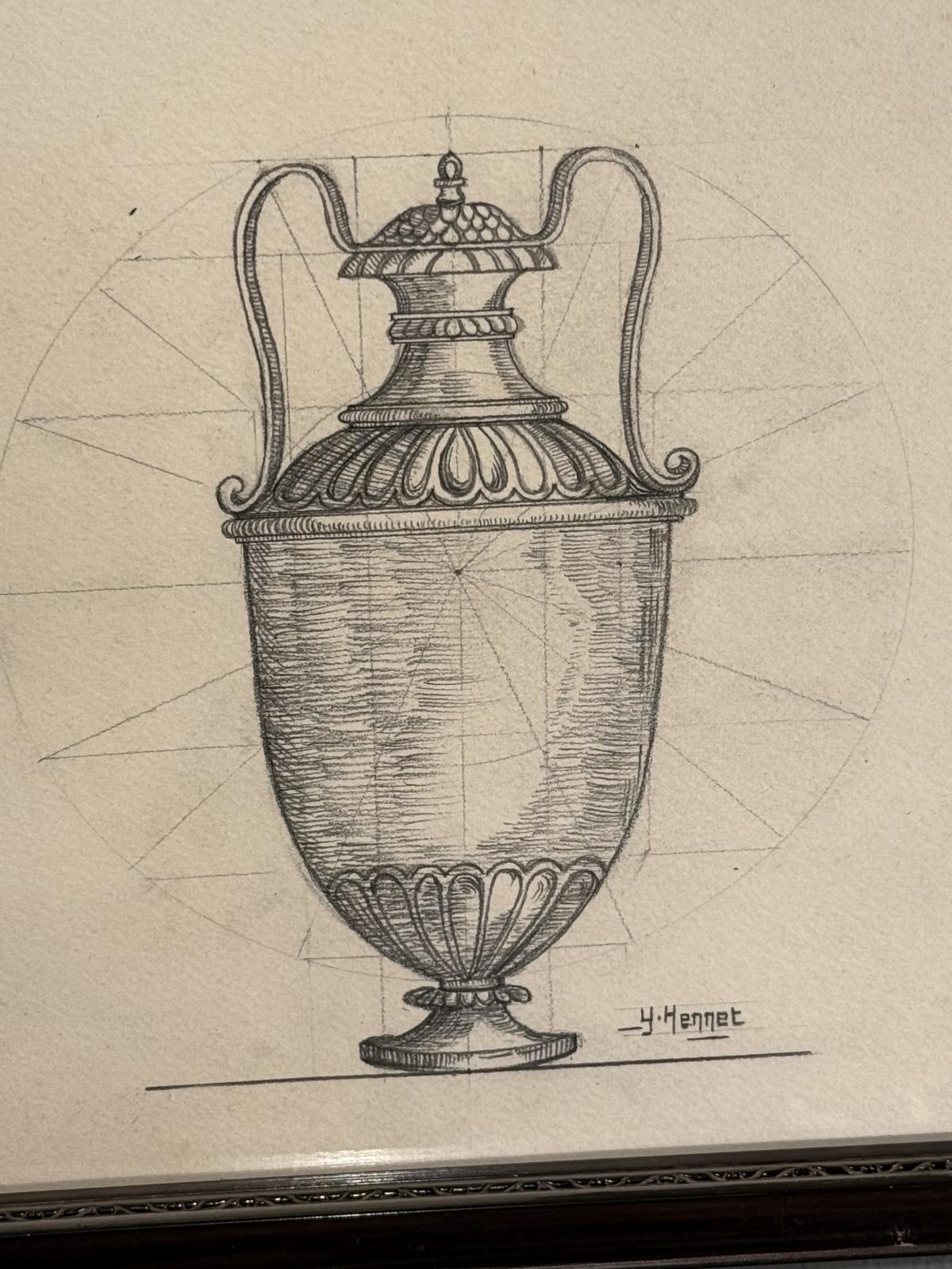 Pereche de desene vechi în creion, cu vase decorative, înrămate sub sticlă. Descoperă-le la Sertar Magic București.