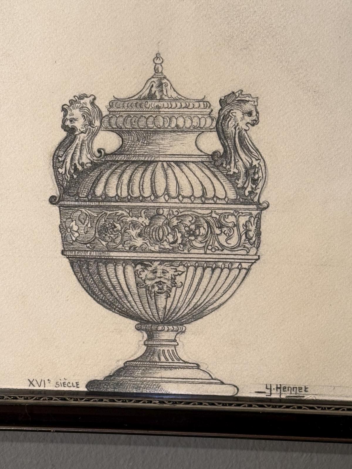 Pereche de desene vechi în creion, cu vase decorative, înrămate sub sticlă. Descoperă-le la Sertar Magic București.