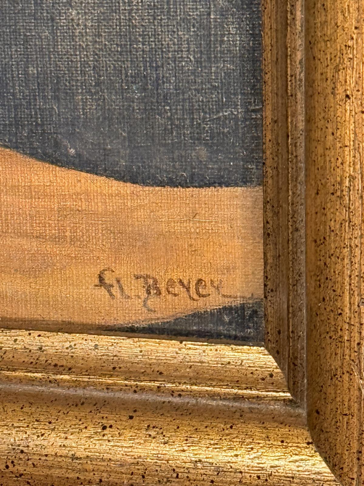 Pictură pe pânză cu mâini împreunate, semnată, în ramă aurie cu detalii verzi. Secolul XX, 40 × 45 cm. Prezintă pierderi de culoare.