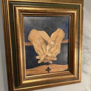 Pictură pe pânză cu mâini împreunate, semnată, în ramă aurie cu detalii verzi. Secolul XX, 40 × 45 cm. Prezintă pierderi de culoare.
