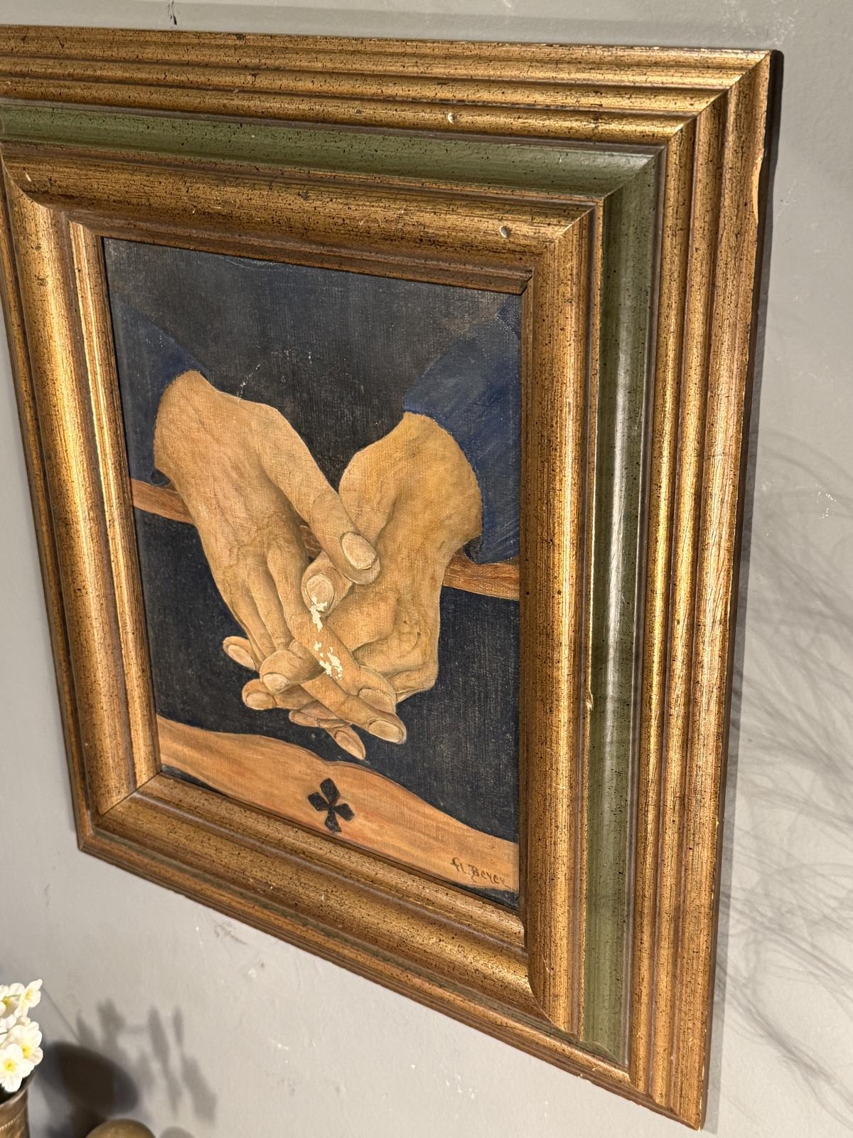 Pictură pe pânză cu mâini împreunate, semnată, în ramă aurie cu detalii verzi. Secolul XX, 40 × 45 cm. Prezintă pierderi de culoare.