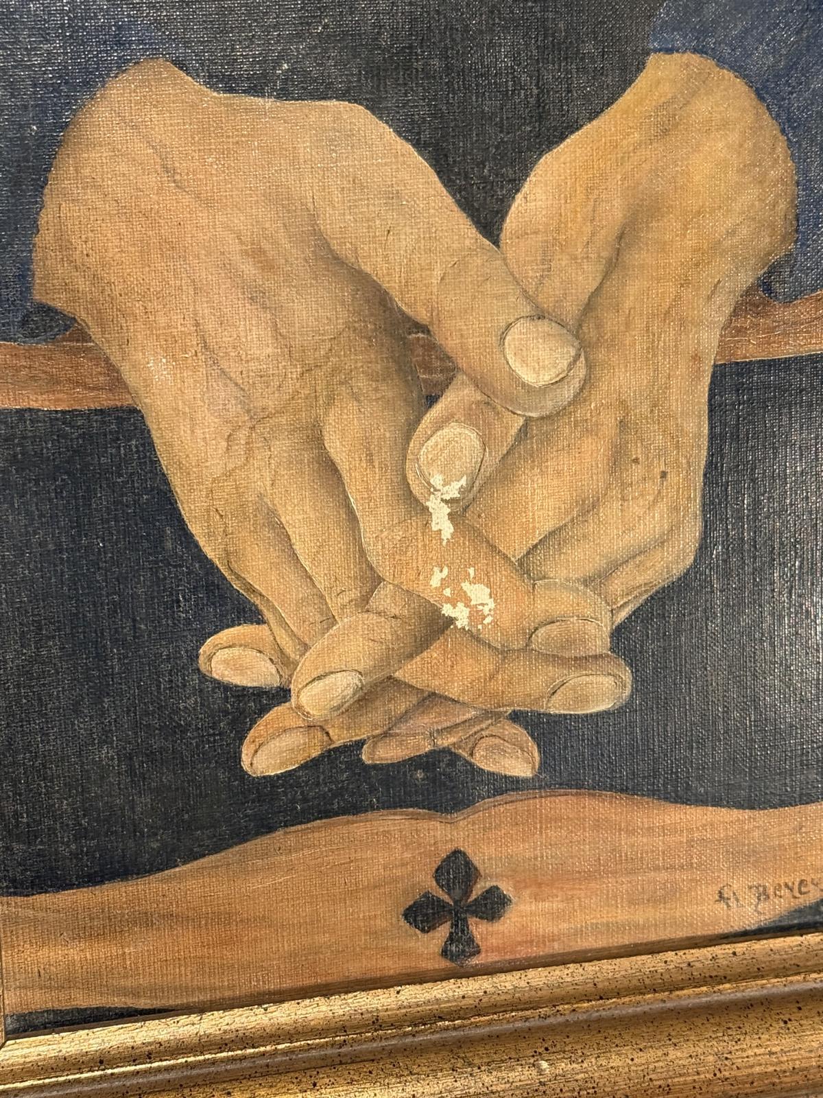 Pictură pe pânză cu mâini împreunate, semnată, în ramă aurie cu detalii verzi. Secolul XX, 40 × 45 cm. Prezintă pierderi de culoare.