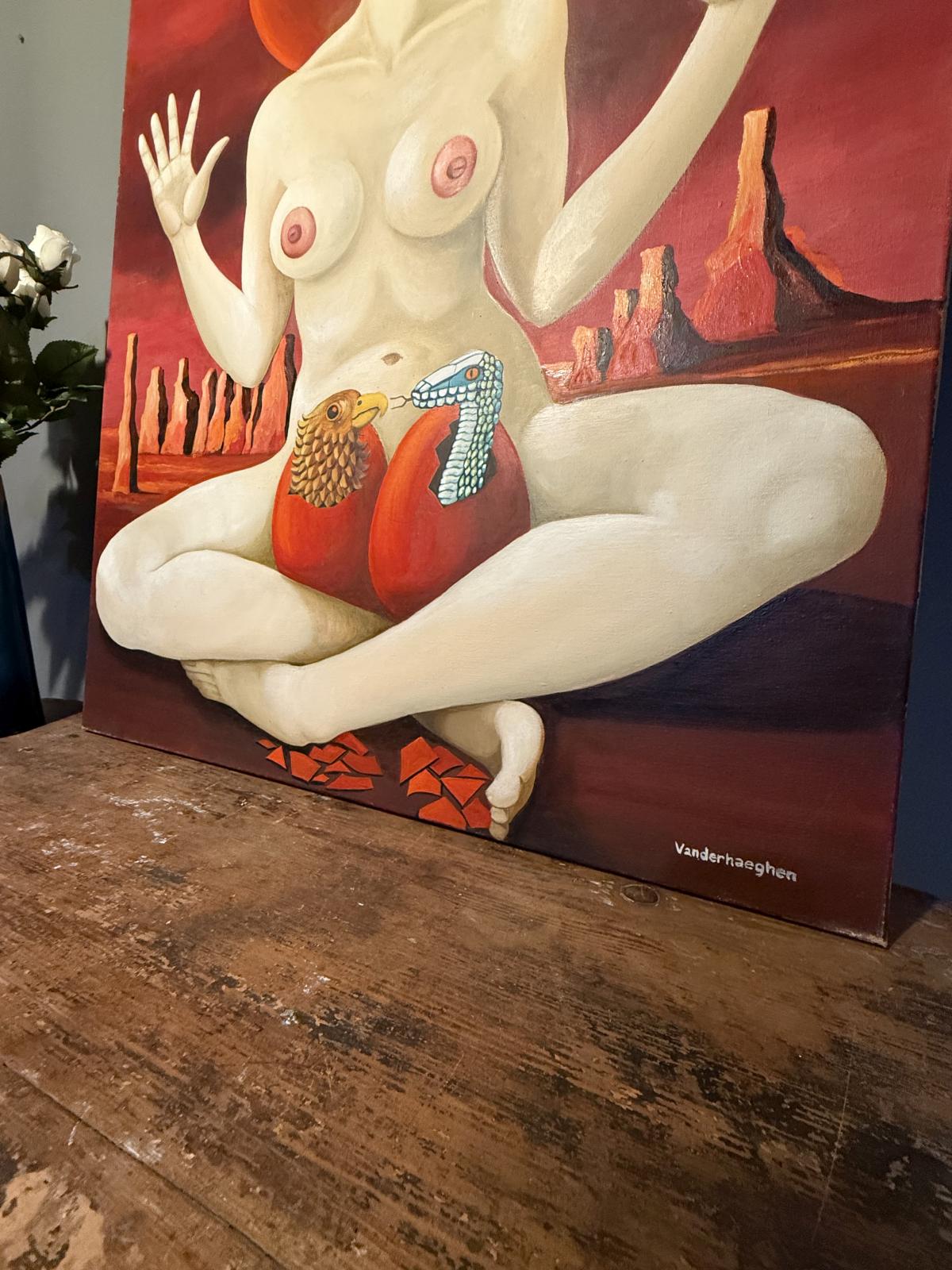 Pictură suprarealistă „Mater Dolorosa”, semnată Roland Vanderhaeghen. Ulei pe pânză, 90 × 70 cm. Disponibilă la Sertar Magic București.