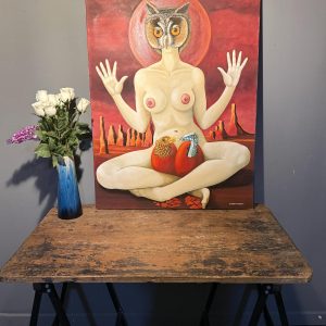 Pictură suprarealistă „Mater Dolorosa”, semnată Roland Vanderhaeghen. Ulei pe pânză, 90 × 70 cm. Disponibilă la Sertar Magic București.