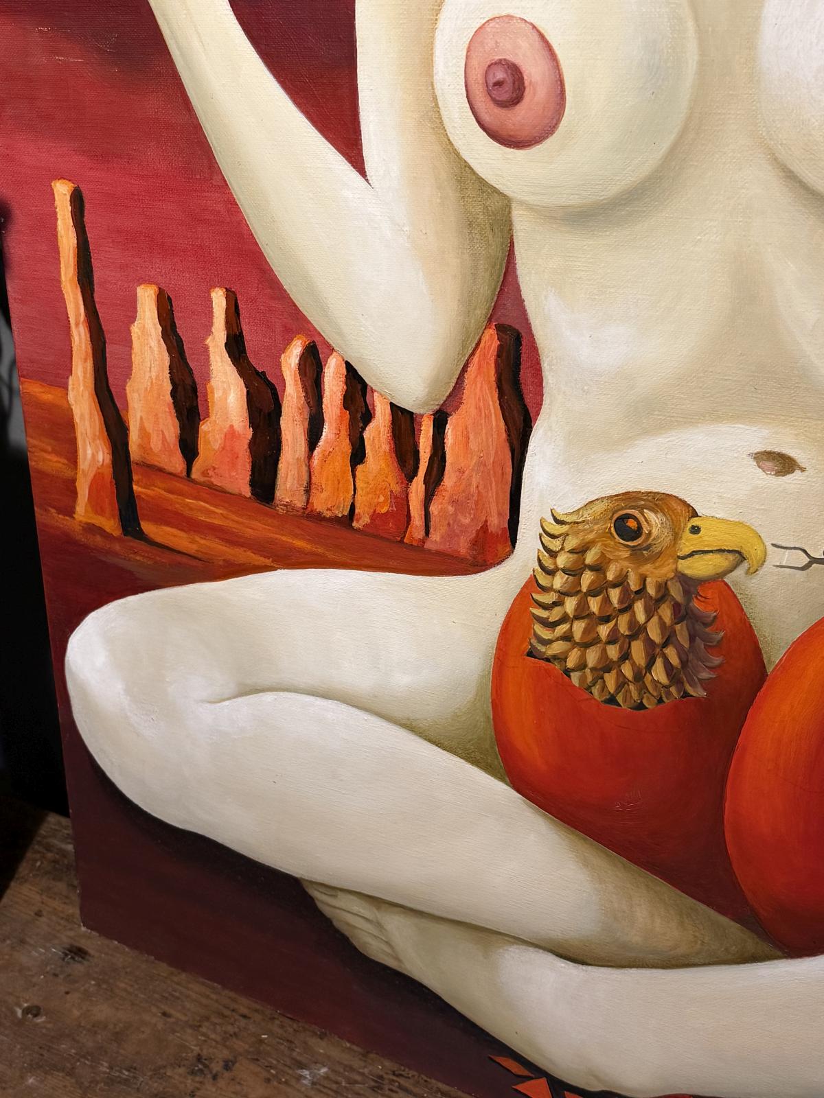 Pictură suprarealistă „Mater Dolorosa”, semnată Roland Vanderhaeghen. Ulei pe pânză, 90 × 70 cm. Disponibilă la Sertar Magic București.