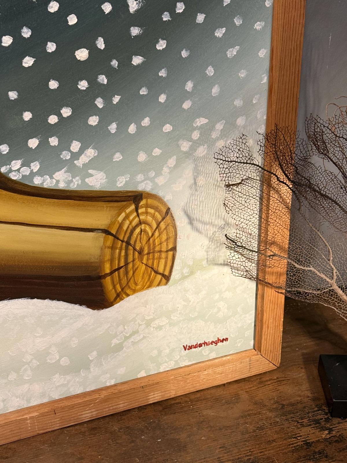 Pictură suprarealistă semnată Vanderhaeghen, cu personaj cu craniu și ramă din lemn natur. Proveniență Belgia, a doua jumătate a secolului XX. 82 × 113 cm.