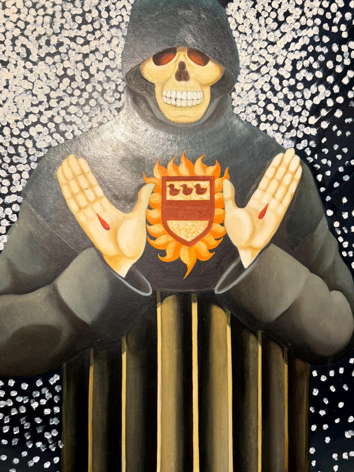 Pictură suprarealistă semnată Vanderhaeghen, cu personaj cu craniu și ramă din lemn natur. Proveniență Belgia, a doua jumătate a secolului XX. 82 × 113 cm.