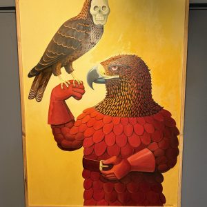 Pictură suprarealistă semnată Vanderhaeghen, 82 × 113 cm, pe panou, cu ramă din lemn. Proveniență Belgia. Sertar Magic, București.