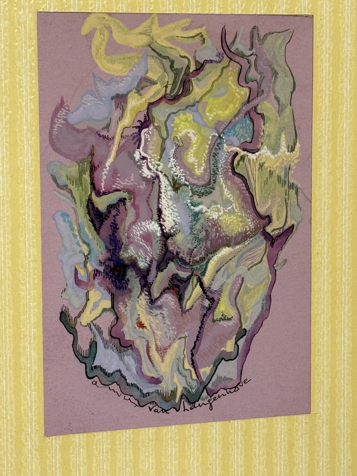 Set de 3 acuarele abstracte semnate, cu passe-partout-uri colorate și rame clips de 24 × 30 cm. La Sertar Magic, cu expediere prin curier.