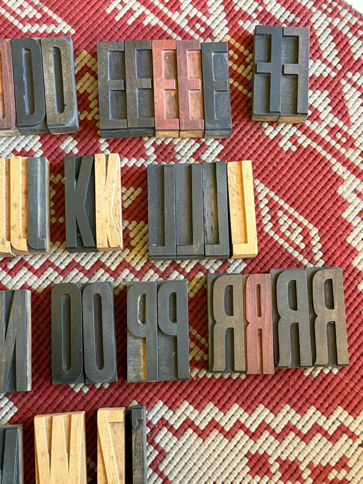 Set de litere și cifre tipografice din lemn, cu litere de 9 cm, patină și urme de cerneală. Lipsesc Q și X. Disponibil la Sertar Magic.