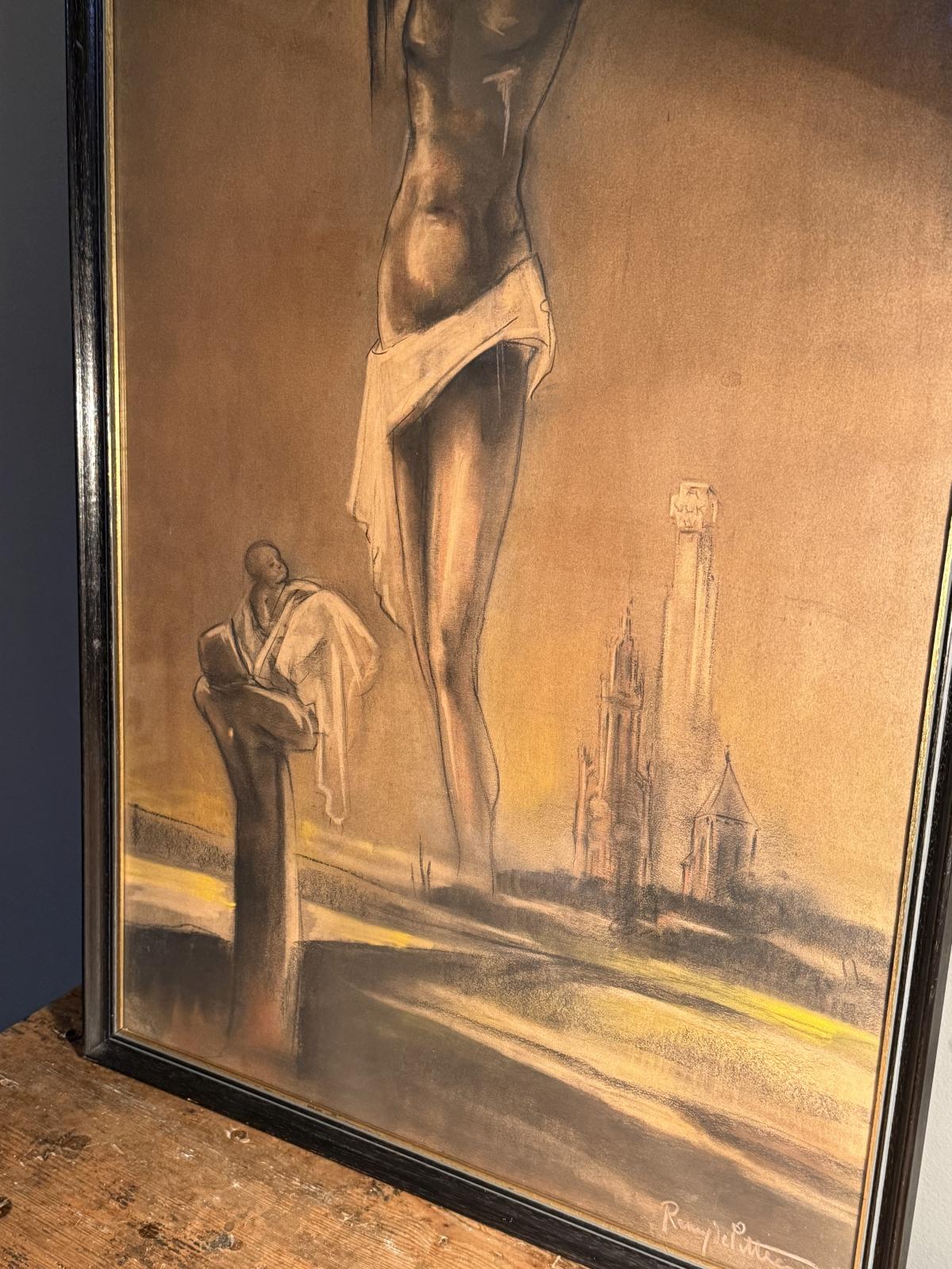 Tablou religios semnat, cu Hristos răstignit, în tonuri de brun și ocru. Înrămat sub sticlă, cu dedicații pe verso. Dimensiuni: 55 × 87 cm.
