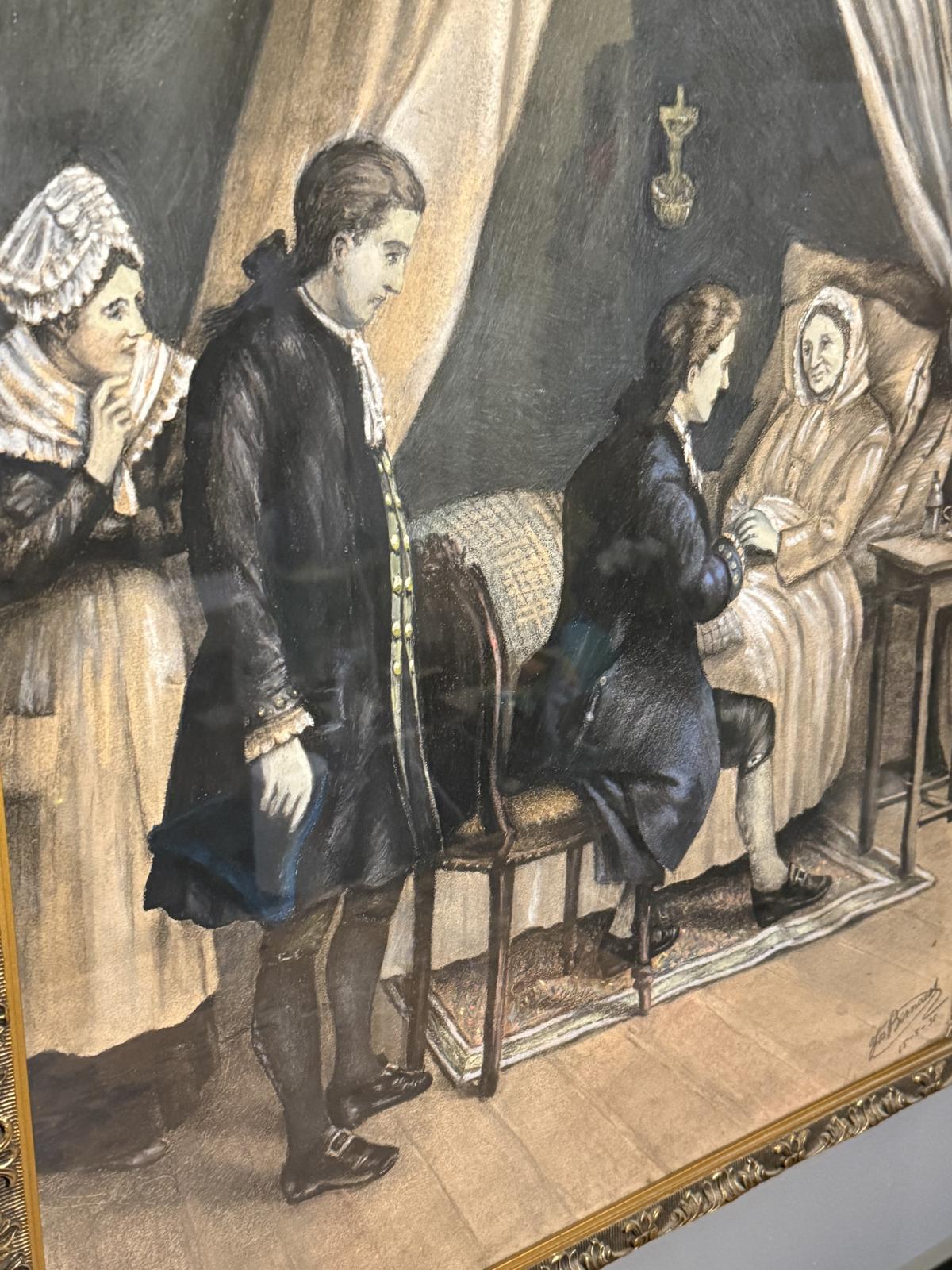 Tablou cu scenă de interior, semnat și datat 1935, probabil pastel, sub sticlă, cu ramă ornamentală. 60 × 77 cm. Sertar Magic, București.
