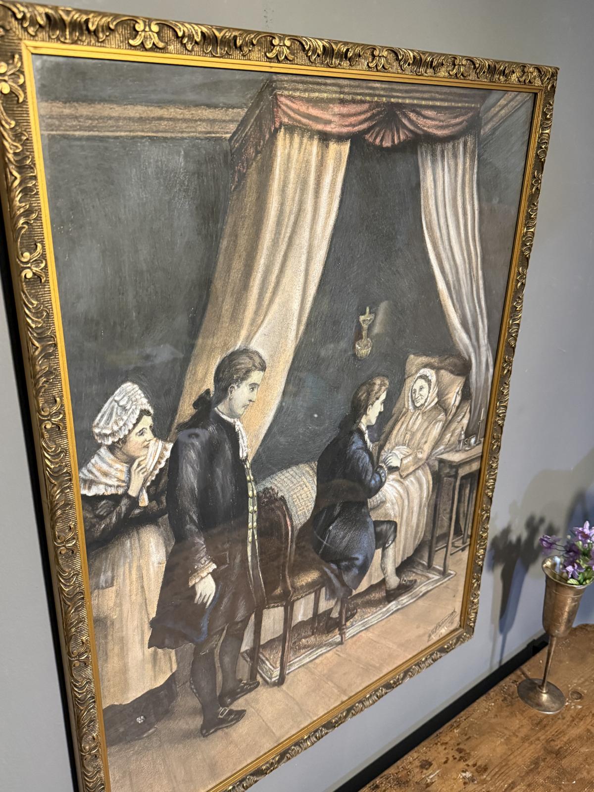 Tablou cu scenă de interior, semnat și datat 1935, probabil pastel, sub sticlă, cu ramă ornamentală. 60 × 77 cm. Sertar Magic, București.