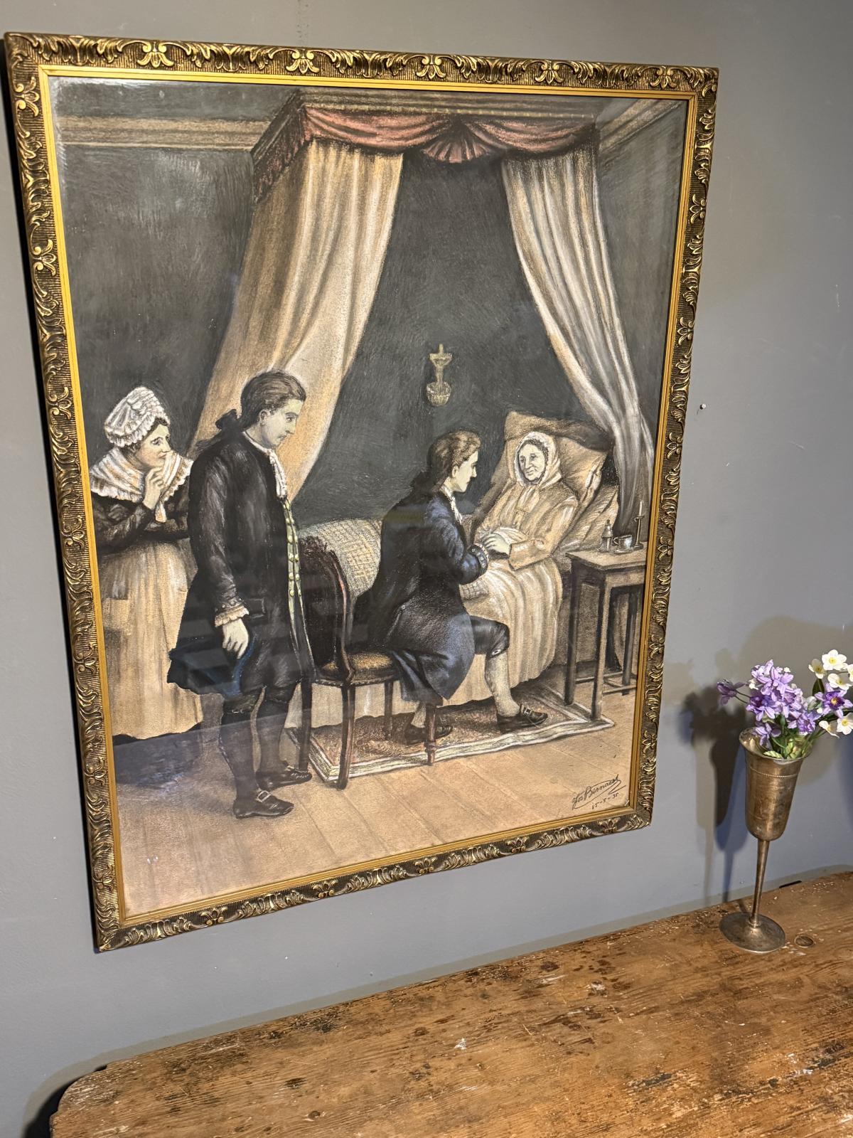 Tablou cu scenă de interior, semnat și datat 1935, probabil pastel, sub sticlă, cu ramă ornamentală. 60 × 77 cm. Sertar Magic, București.
