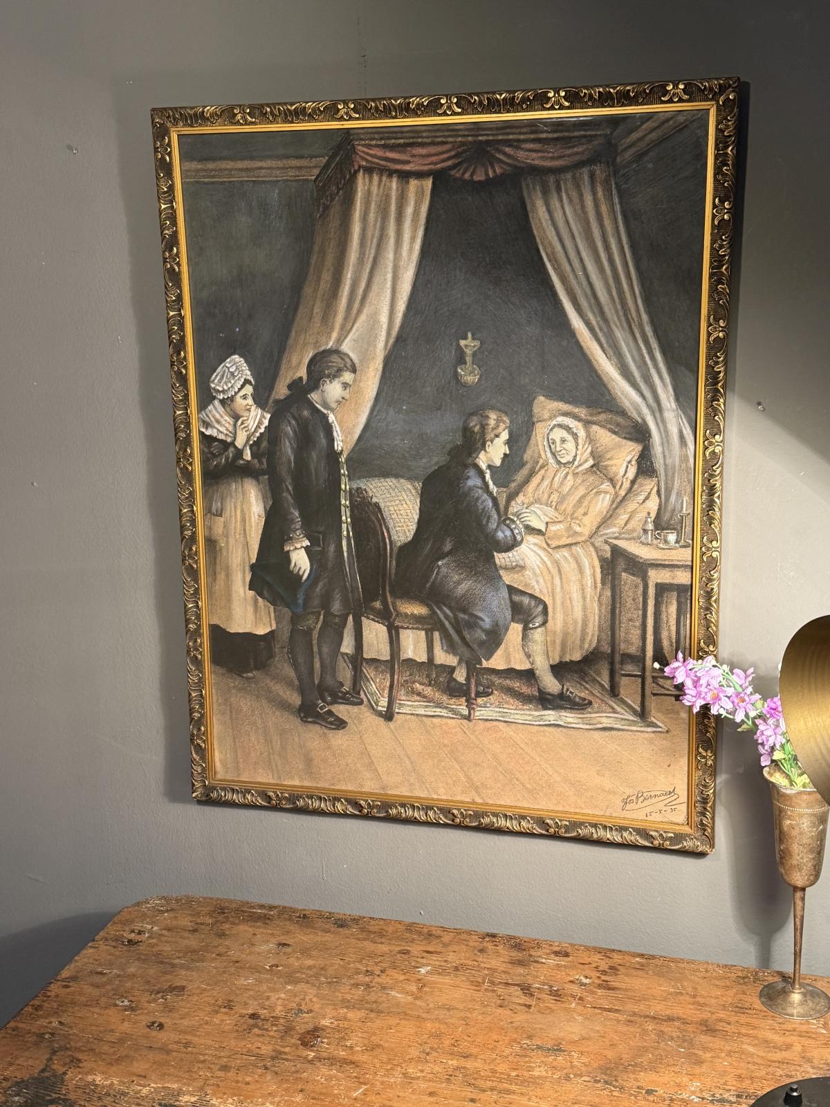 Tablou cu scenă de interior, semnat și datat 1935, probabil pastel, sub sticlă, cu ramă ornamentală. 60 × 77 cm. Sertar Magic, București.